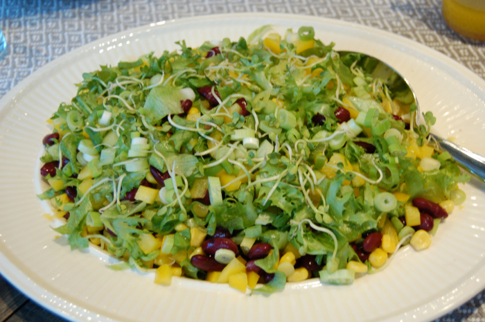 Salat med bønner, mais og reddikspirer